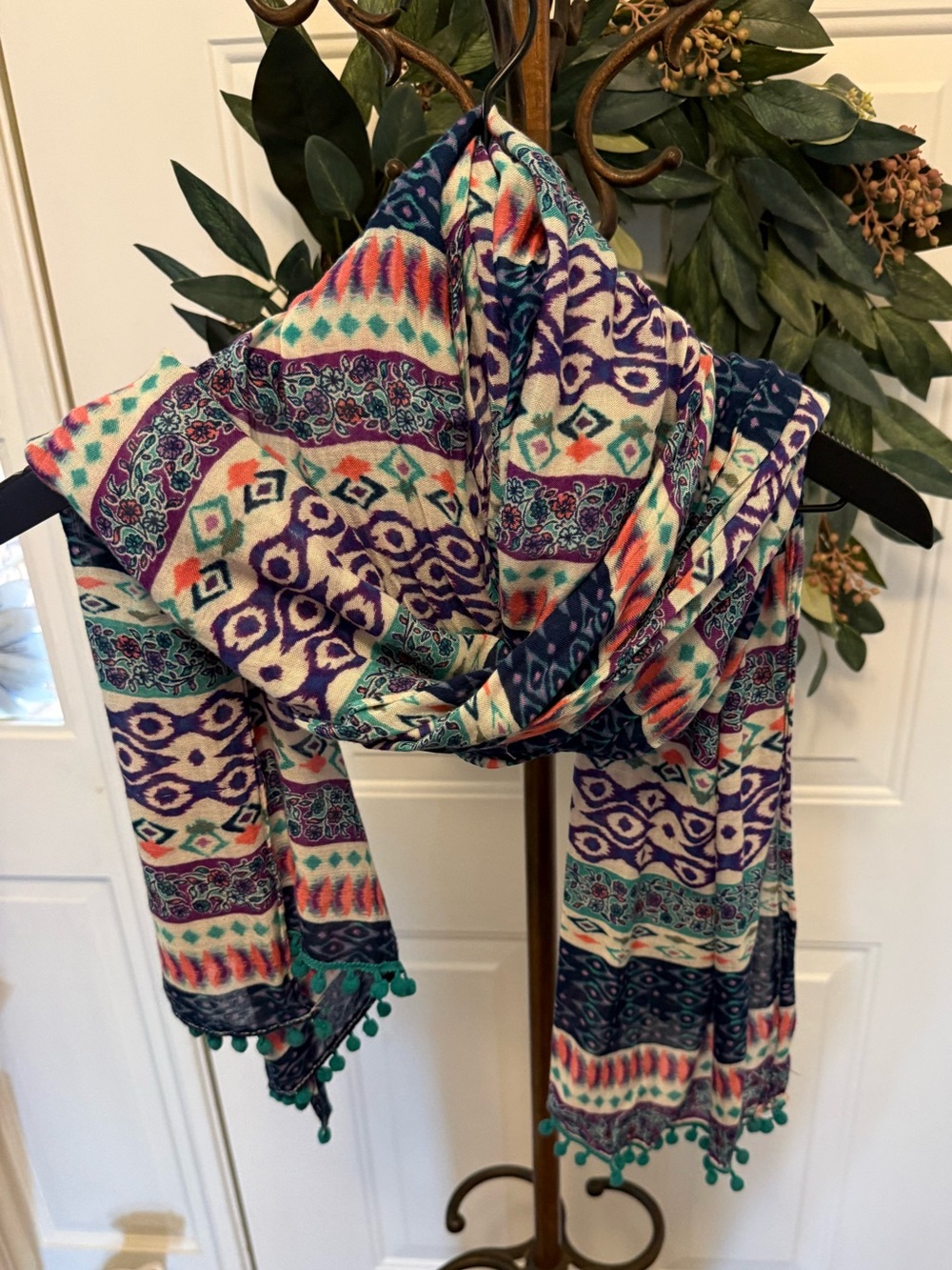 Pretty Boho Colorful Lightweight Geometric Print Aztec Print Scarf with Pom Poms